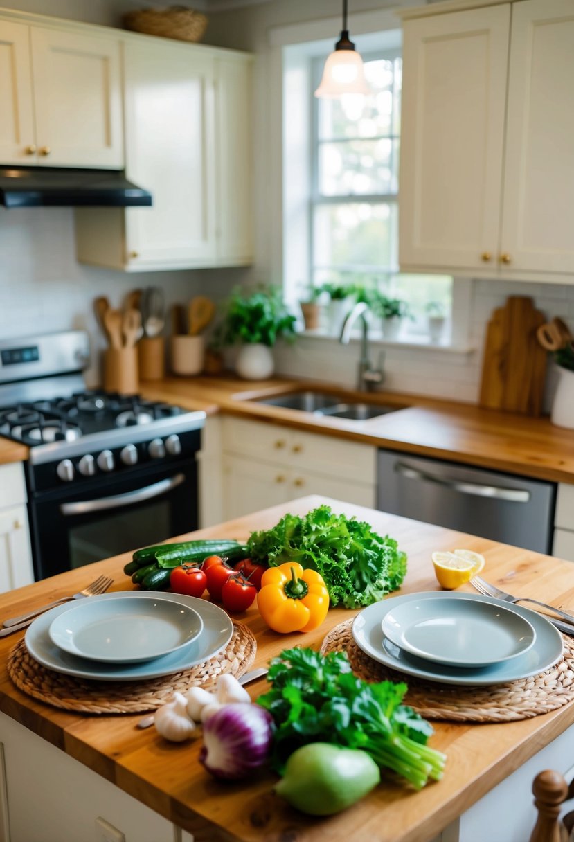 A cozy kitchen with two place settings and a variety of fresh, low-carb ingredients laid out on the counter for two quick and easy dinner recipes